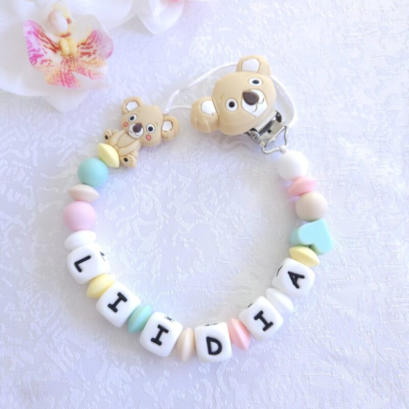 Nimeline lutikett Koaala – pastelltoonides käsitöö lutikett beebile, valmistatud BPA-vabast silikoonist