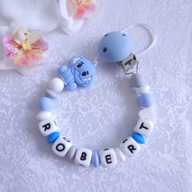 Nimeline lutikett Elevant – sinine käsitöö lutikett beebile, BPA-vabast silikoonist ja elevandi kujukesega.